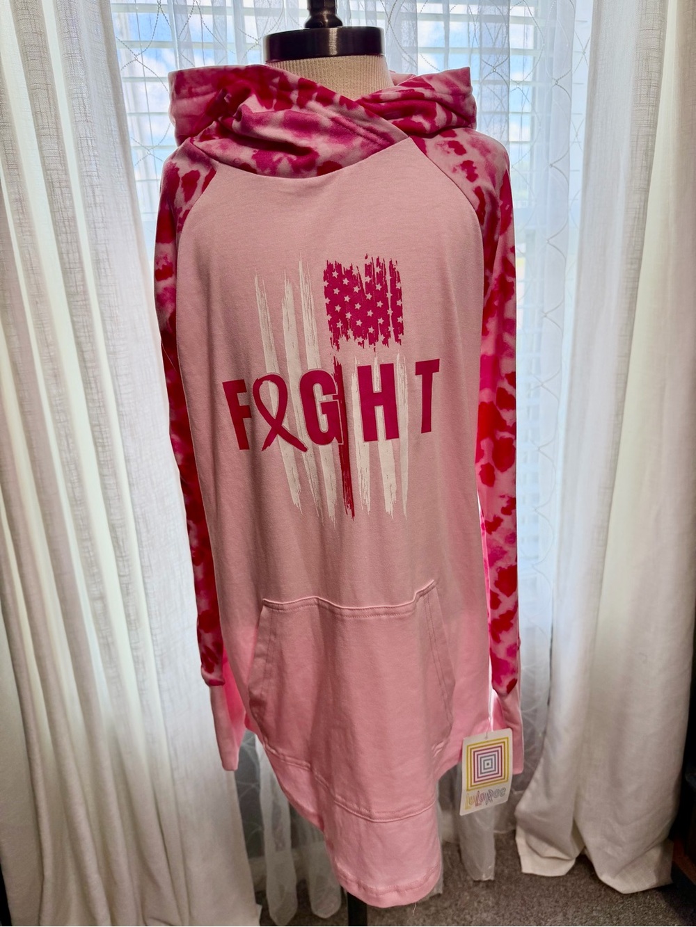 LuLaRoe Pink & Hot Pink Tie-Dye Long Sleeve Hoodie - 'FIGHT' Graphic